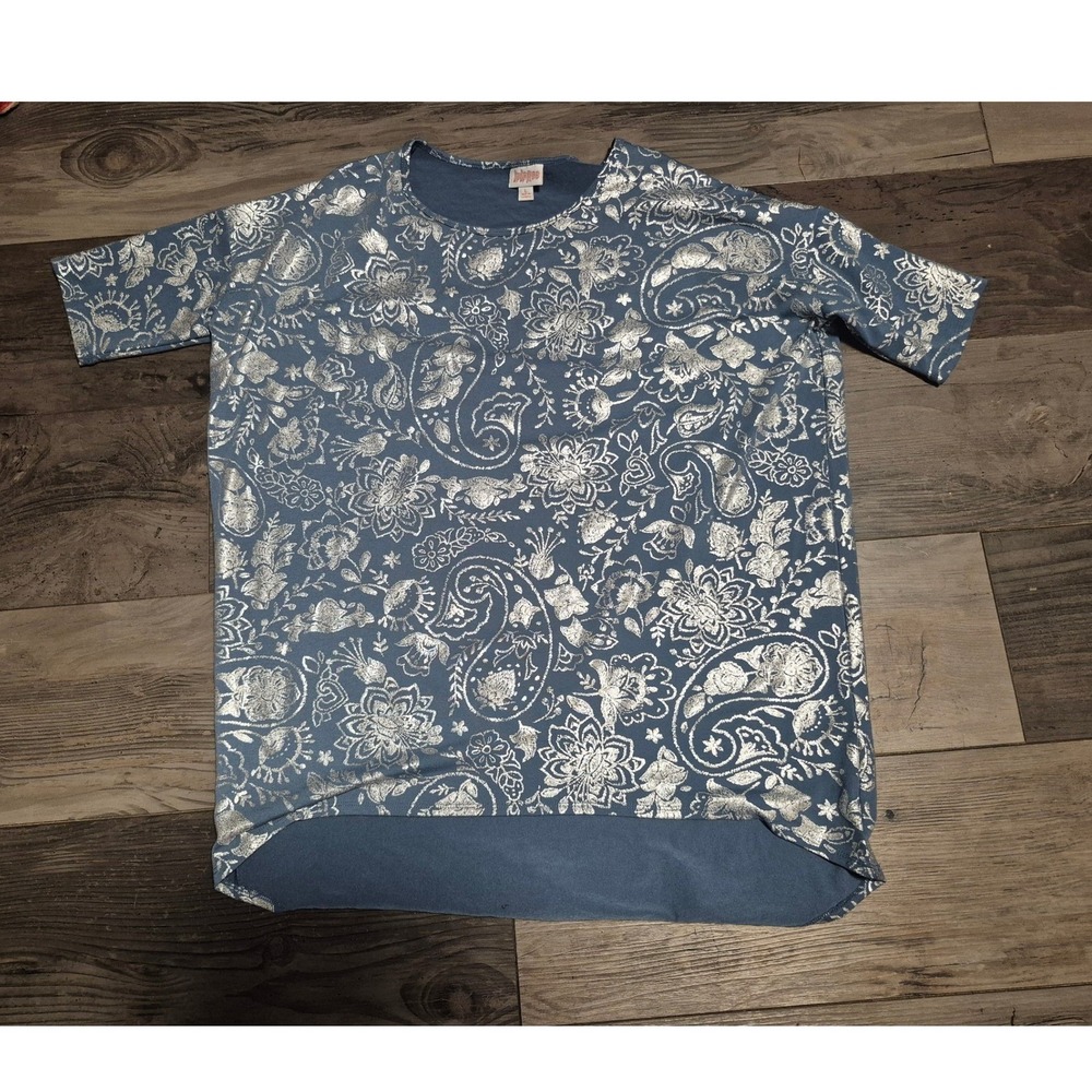 LuLaRoe Women's Blue Silver Paisley Print Short Sleeve Tunic Top